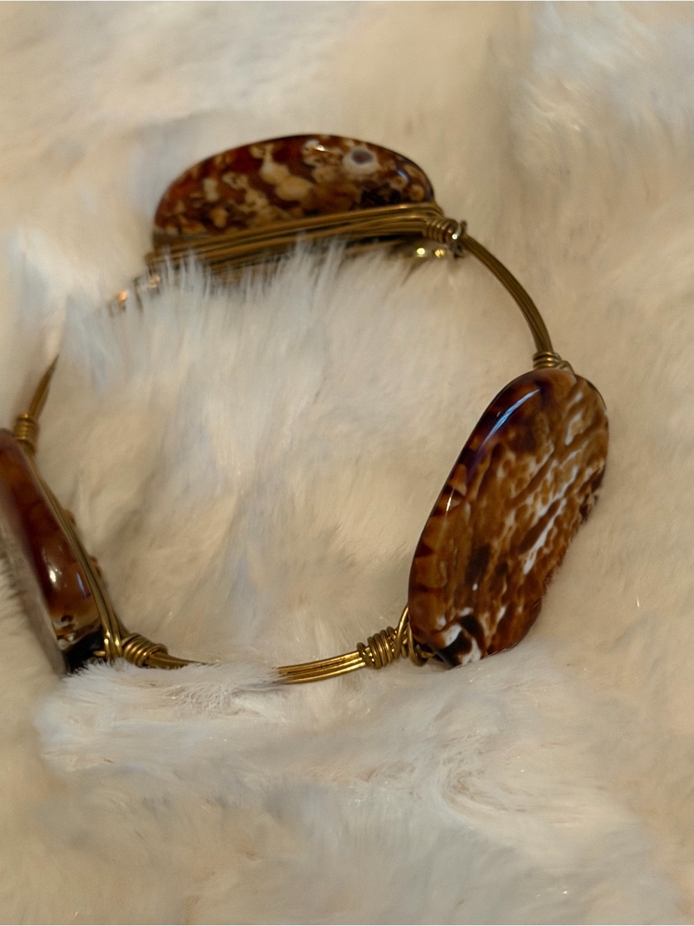 Brown Marbled Stone Stretch Bracelet with Gold-Tone Wire